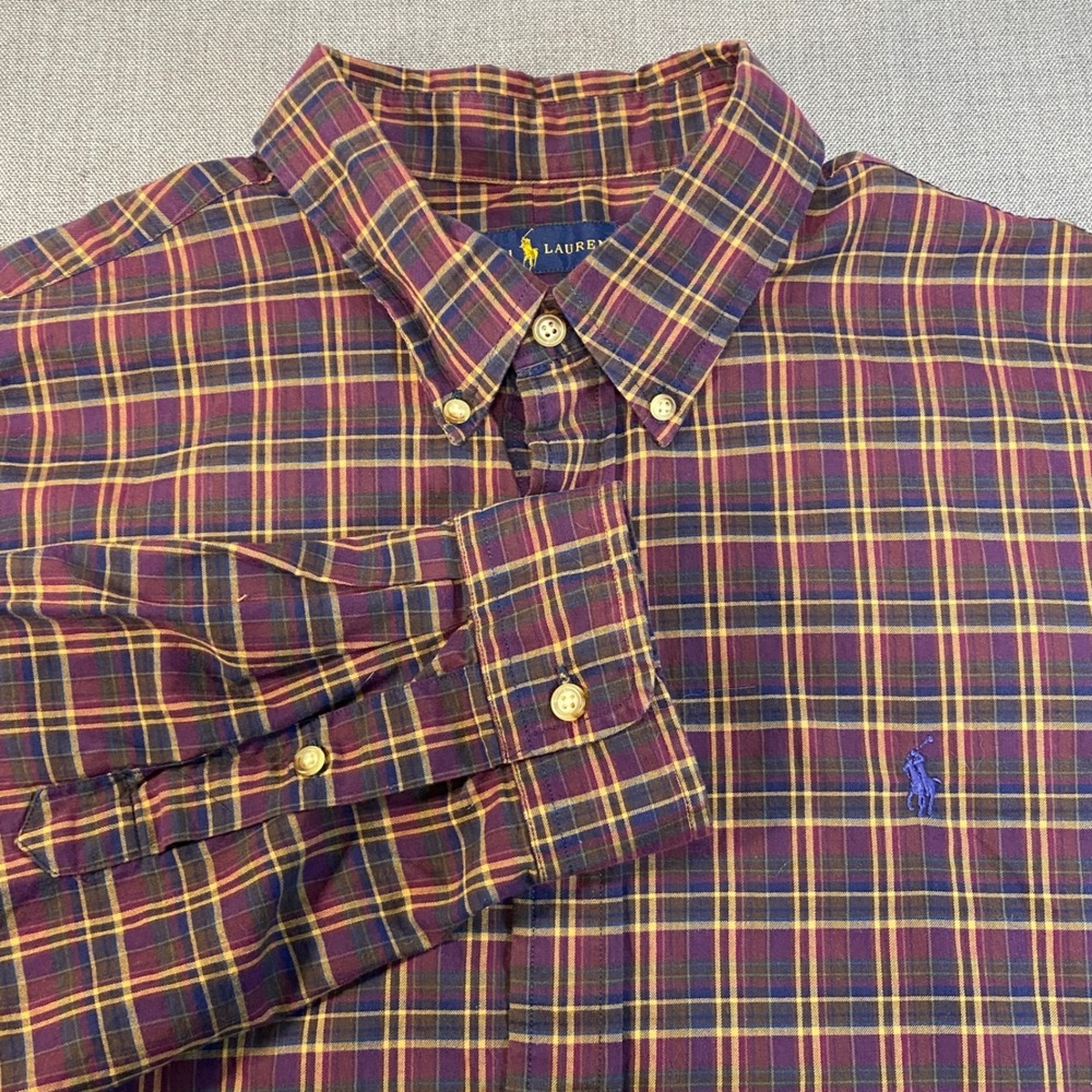Ralph Lauren Mens XXL Plaid Button Down Shirt Burgundy Gold Cotton Long Sleeve - Picture 2 of 8
